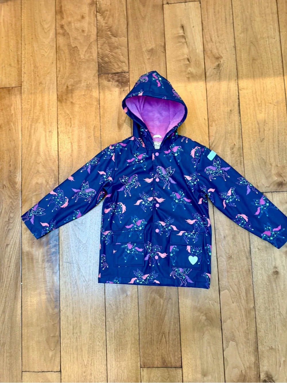 Hatley Girls Size 8 Pegasus Color Changing Terry Lined Raincoat Navy